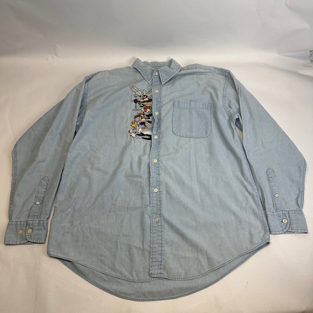 Warner‎ Bros Studio Store Looney Tunes Embroidered Denim Shirt Blue Mens Large